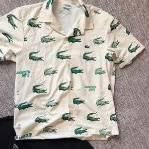 Lacoste Men's White Shirt with Green Crocodile Design